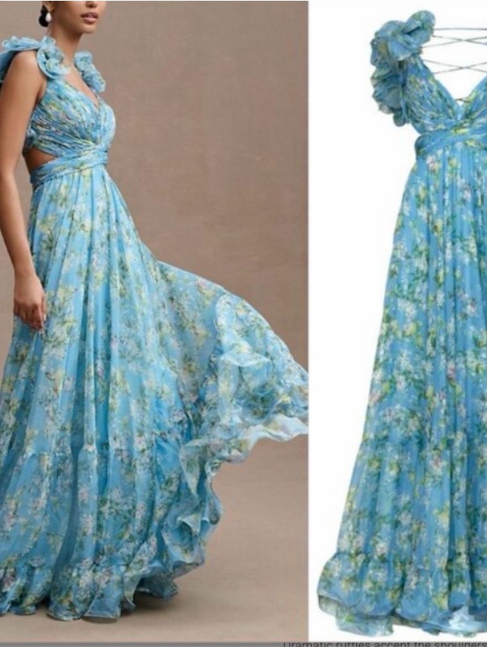 NWT Mac Duggal Blue Ruffle Tiered Floral Cut-Out Chiffon Gown reg $398 size 6 - Picture 4 of 16